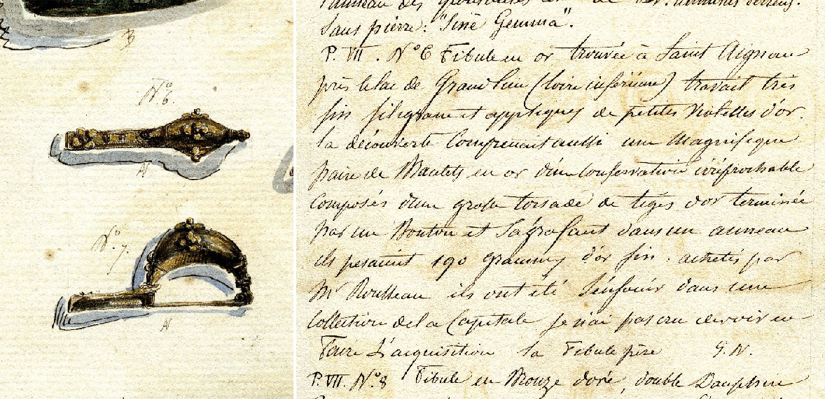 997.11.9 - Dessin aquarellé d'une fibule en or, Vélin et papier, 1818, registre du fonds Parenteau (p.19 et texte p.173), achat 1997
